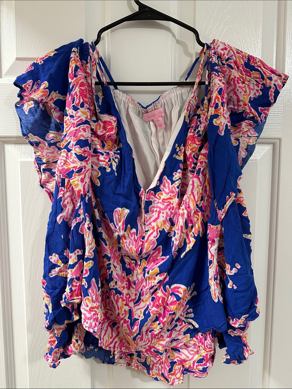 Lilly Pulitzer Royal Blue Floral Ruffle V-Neck Blouse